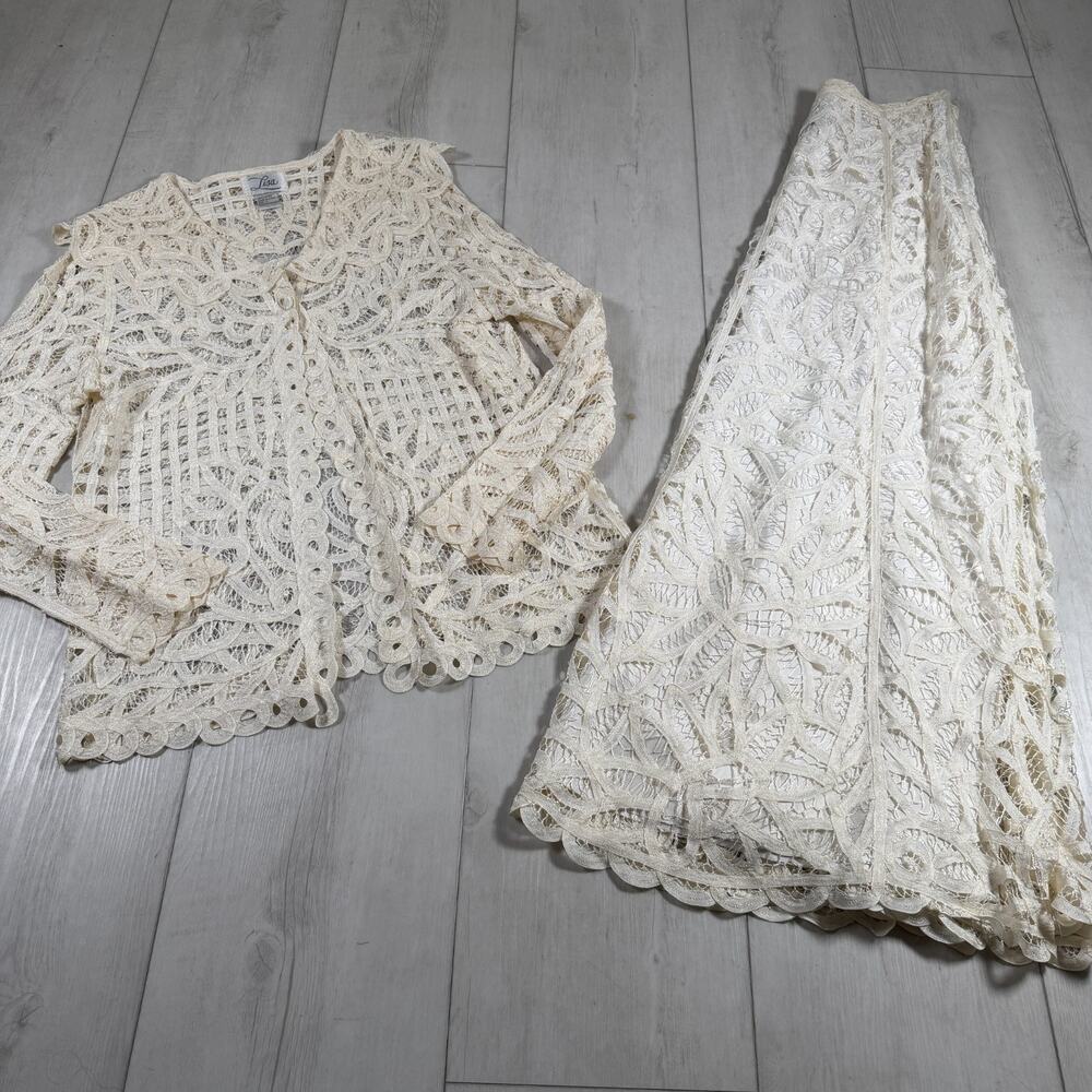 Lisa Vintage Ivory Lace Top & Maxi Skirt Set Women's Large Boho Cottage Festival